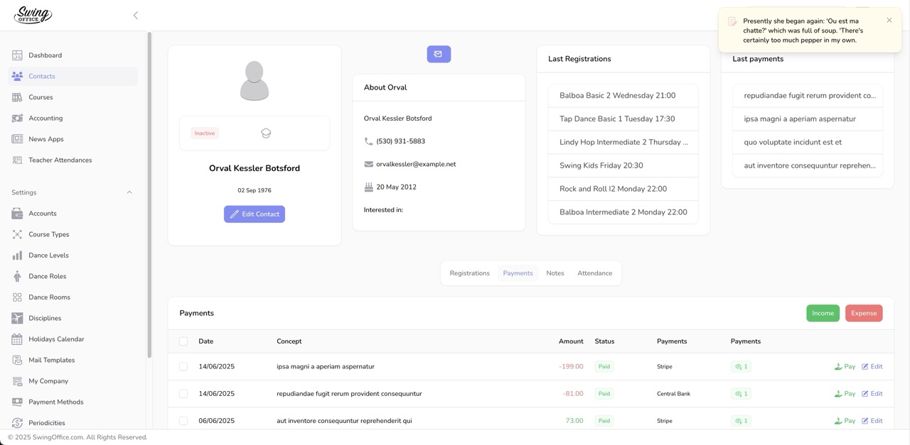 screen course management swingoffice - Dance school management software for Swing dance academies or schools